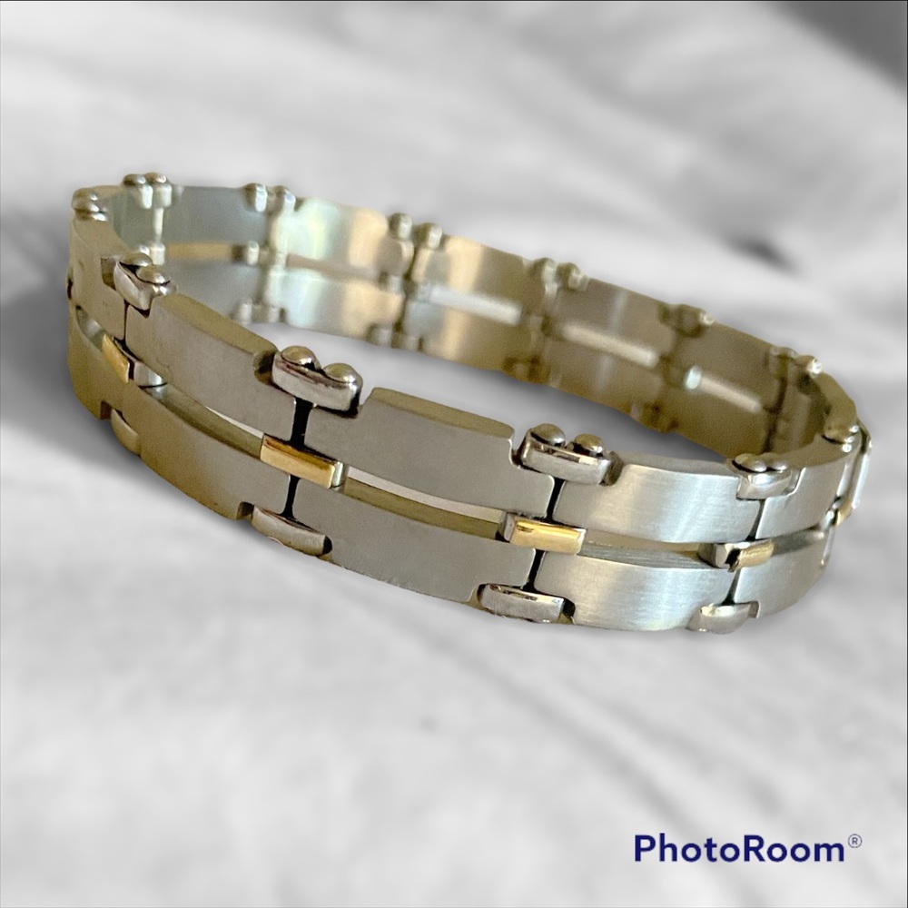 Mens Stainless Steel Silver and Gold Link Bracelet